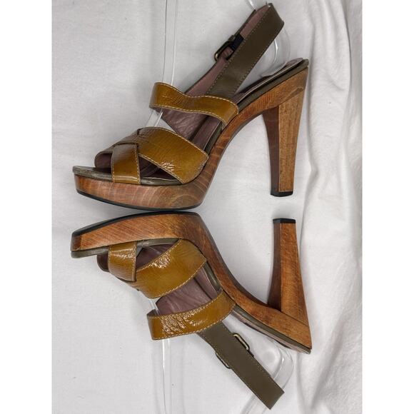 Derek Lam Orange Brown Patent Leather Slingback Platform Wooden Heel Sandals 8.5 - Picture 4 of 11